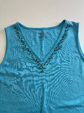 BASIC EDITIONS BLUE & BROWN BOHO BEADED V-NECK COTTON TANK TOP